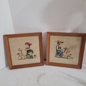 Vtg MCM Framed Gnome Elf Cross Stitch Needlepoint Set Complete Wall Art Mushroom